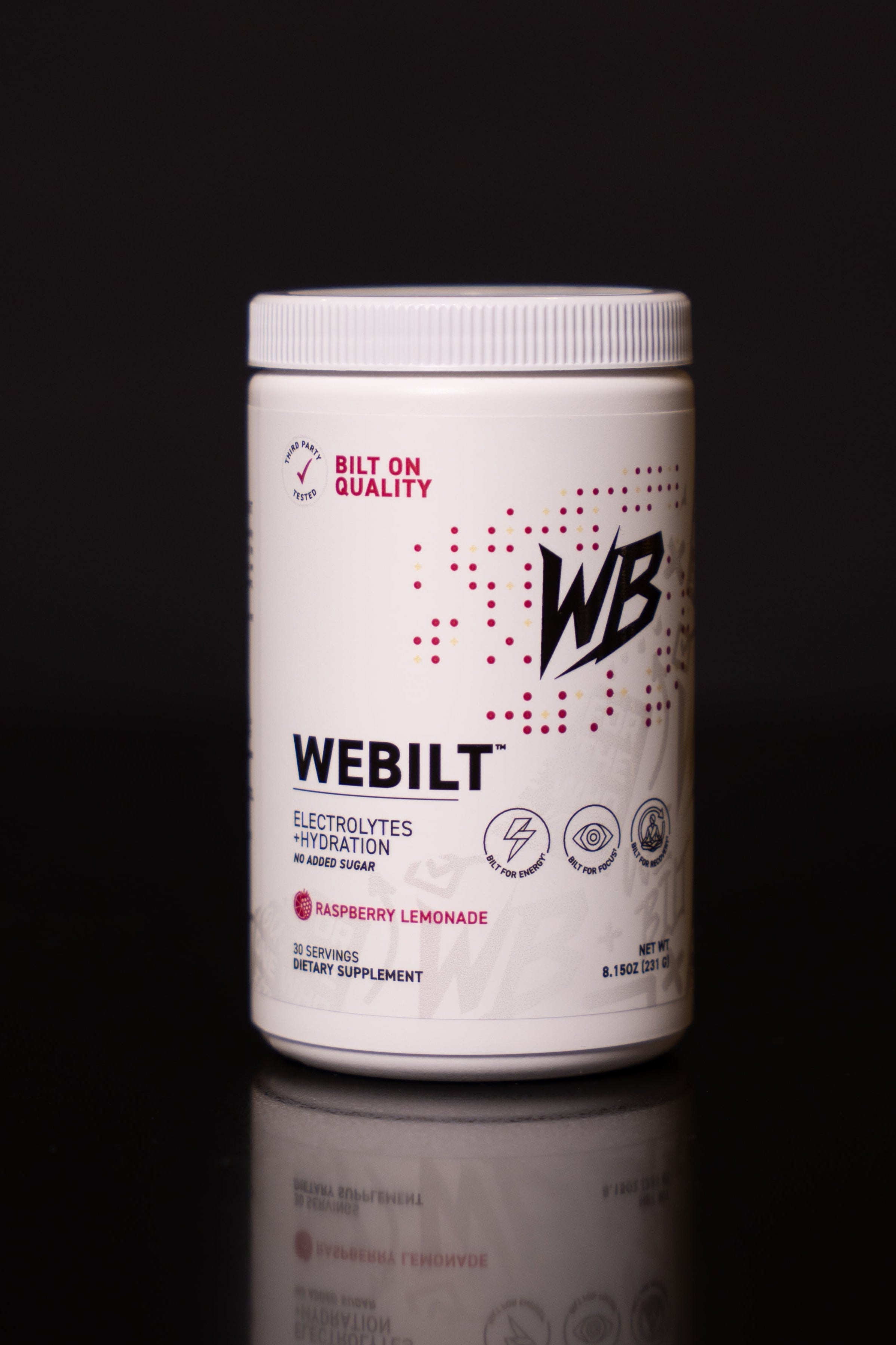 WeBilt electrolyte powder container on a black background