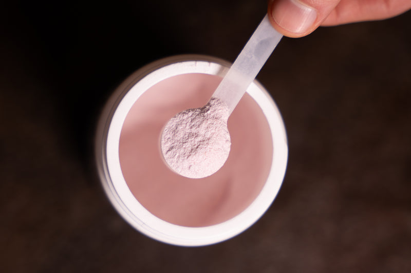 Spoonful of WeBilt electrolyte powder on a dark background